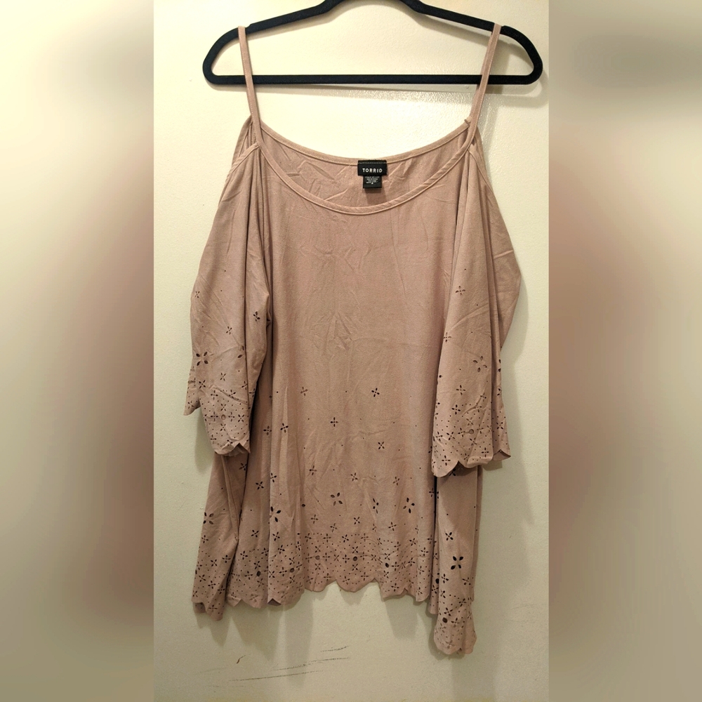 Tan Off-Shoulder Blouse with Eyelet Details